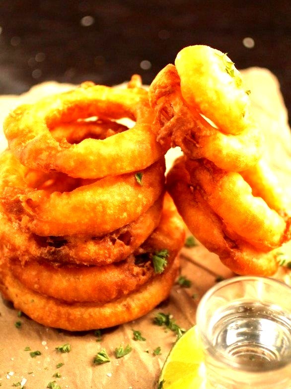 Tequila Battered Onion Rings with Honey Lime Yogurt Sauce
