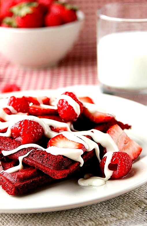 Red Velvet Waffles with Cream Cheese Icing Drizzle